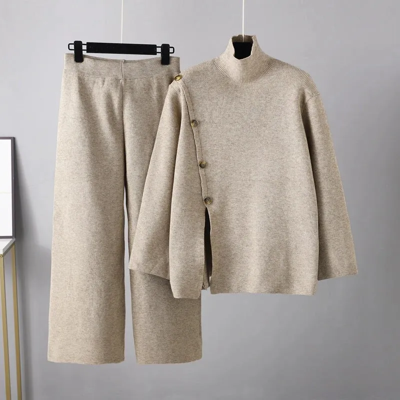 Niche Stand Collar Slit Knitted Turtleneck Sweater and Wide Leg Pants Two Piece Set