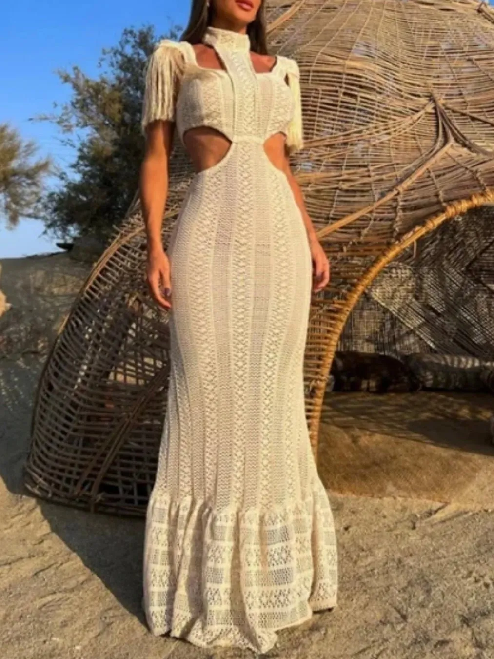 Off white knitted cutout maxi dress