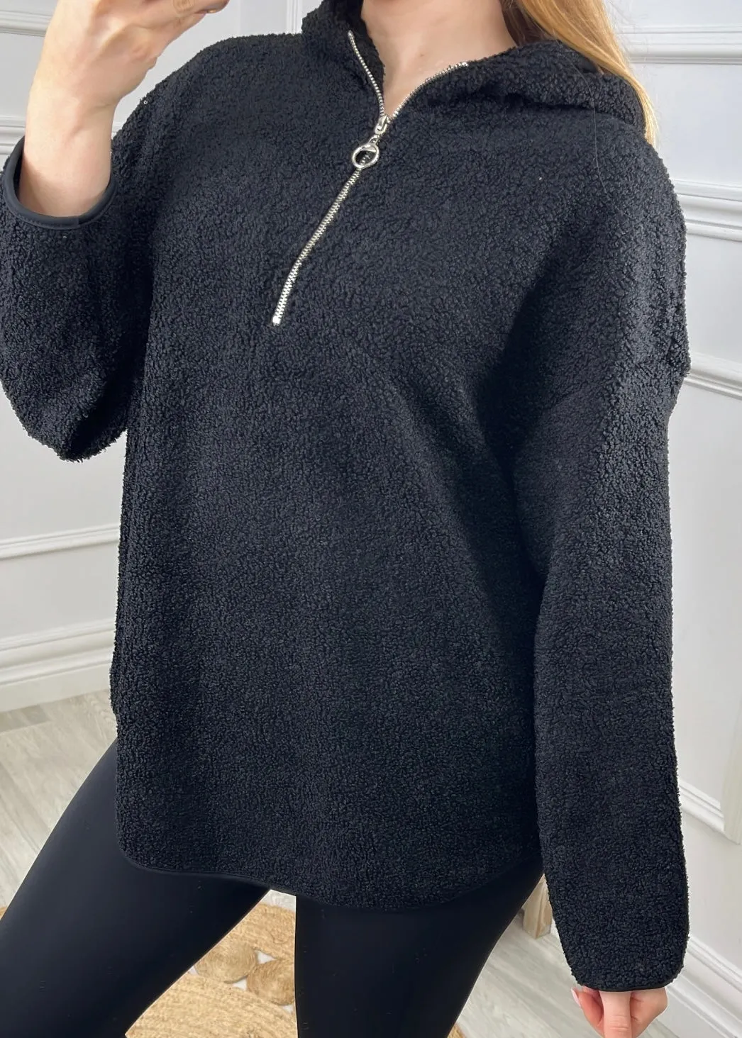 Ruth Black Teddy Half Zip Pullover