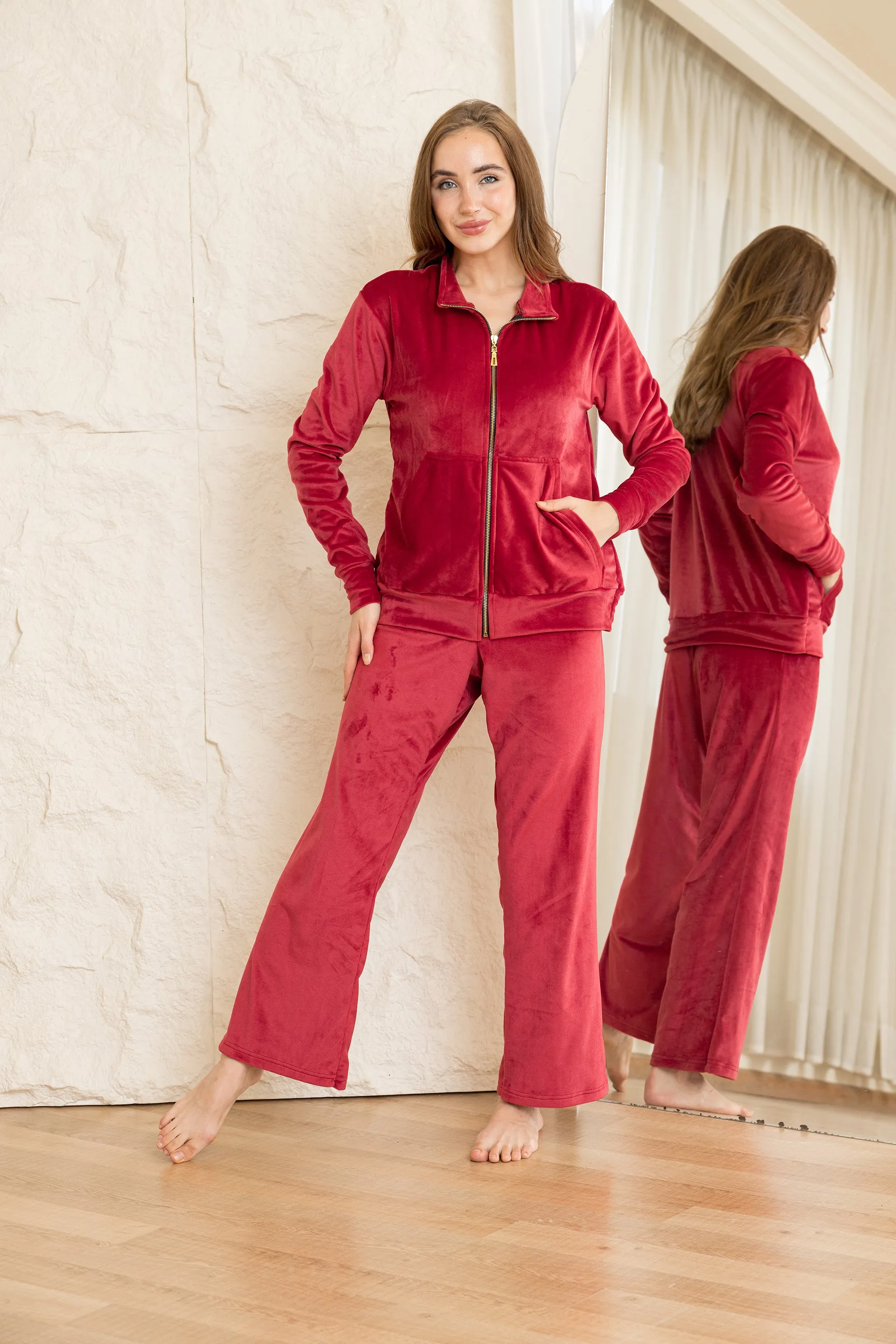 Velvet Zip-Up Lounge Set - Maroon