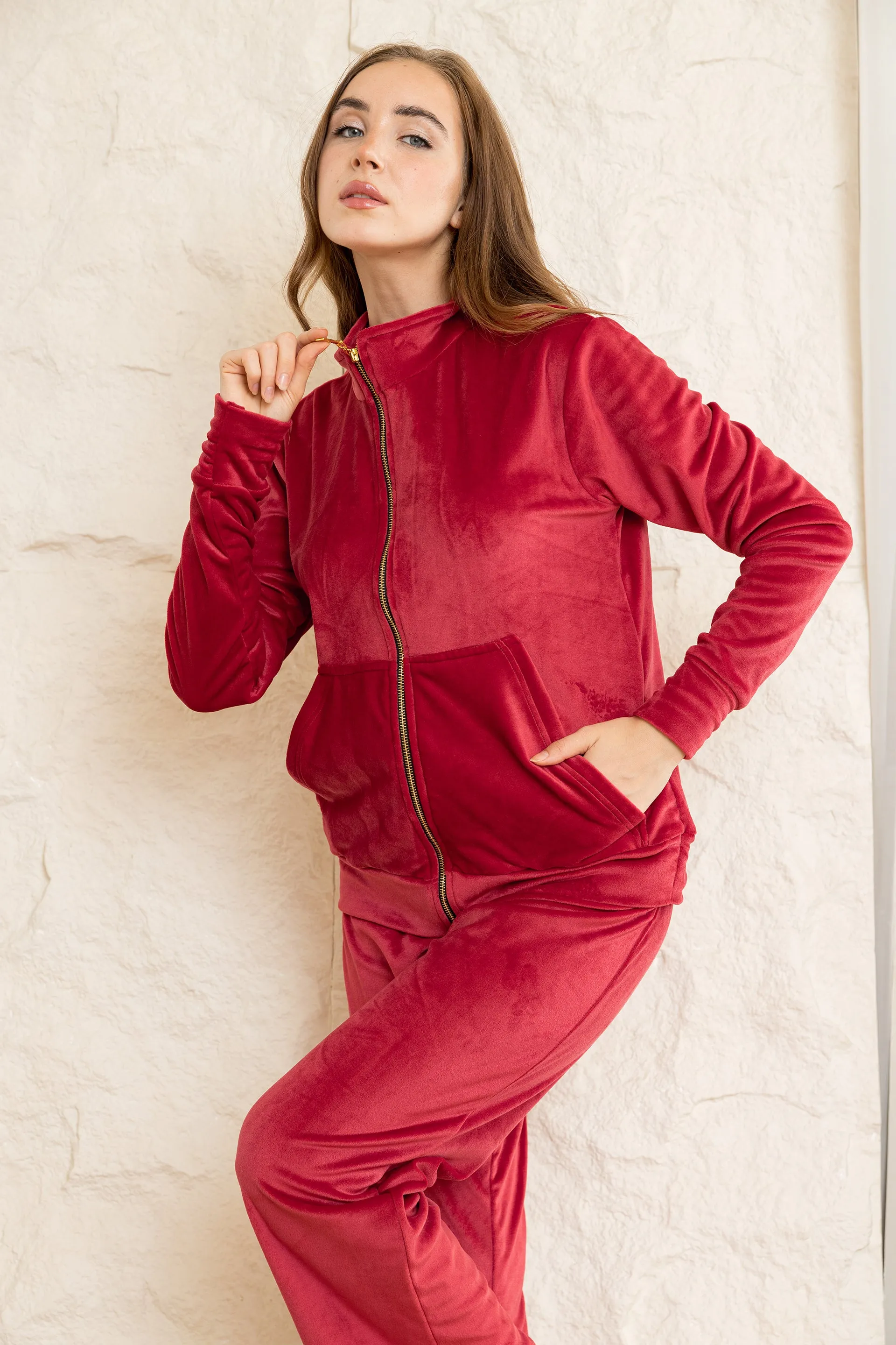 Velvet Zip-Up Lounge Set - Maroon