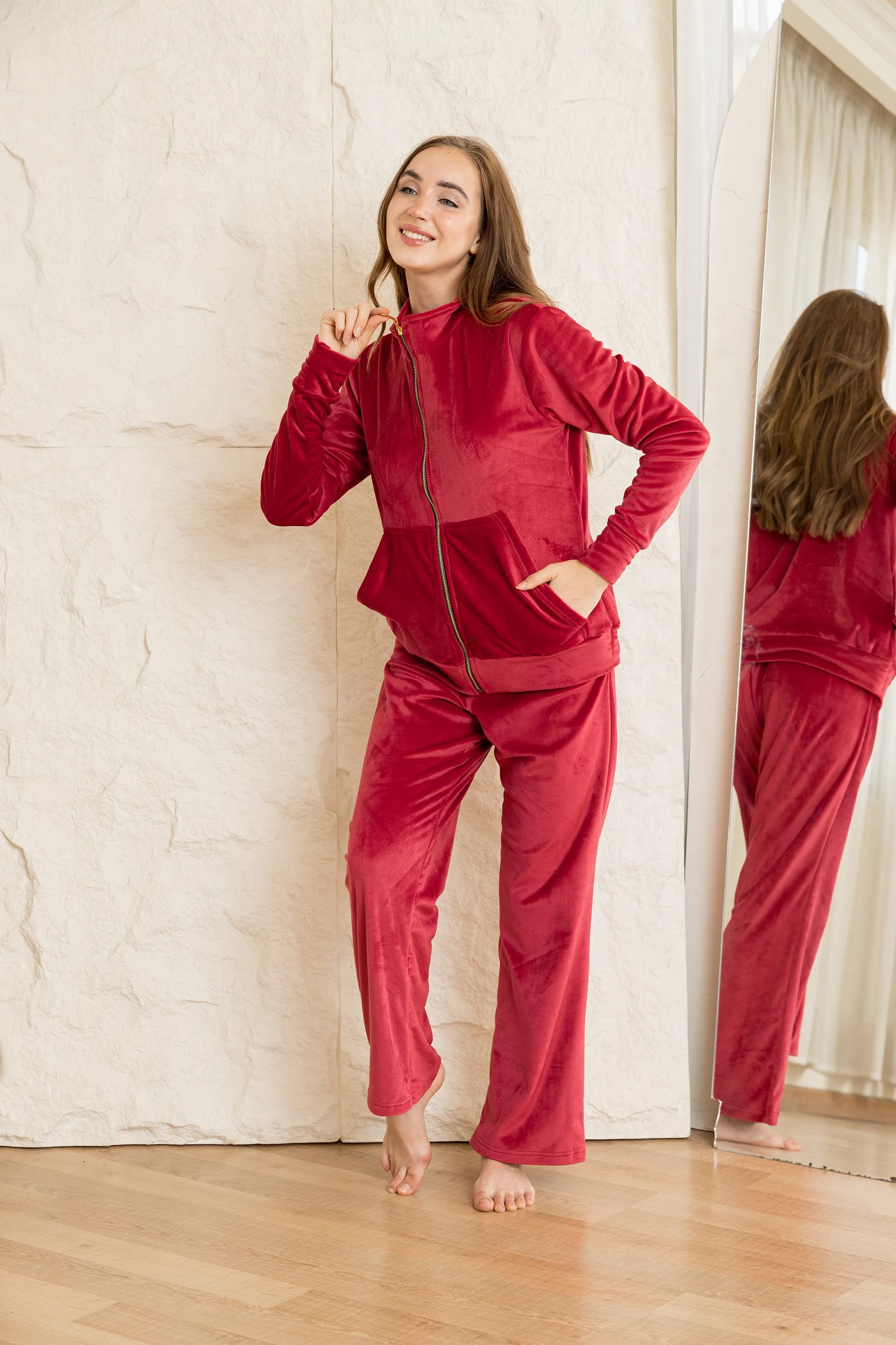 Velvet Zip-Up Lounge Set - Maroon