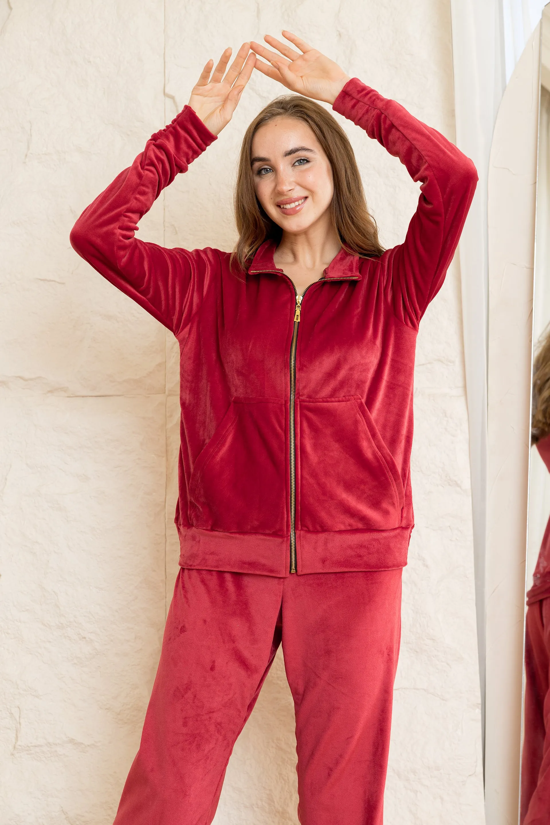 Velvet Zip-Up Lounge Set - Maroon