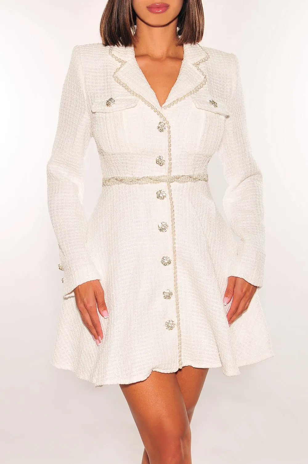 White Tweed Knitted Pearl Collared Shoulder Pad Jeweled Button Down Belted Dress