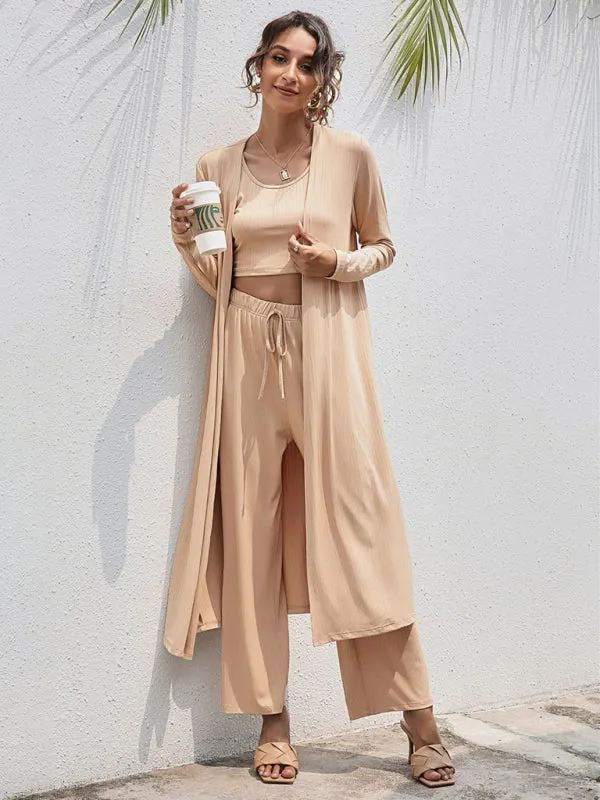 Women's Knitted Casual Fashion Vest   Jacket   Wide-leg Pants Three-piece Set