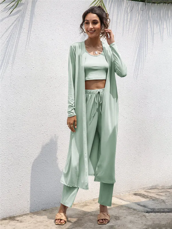 Women's Knitted Casual Fashion Vest   Jacket   Wide-leg Pants Three-piece Set