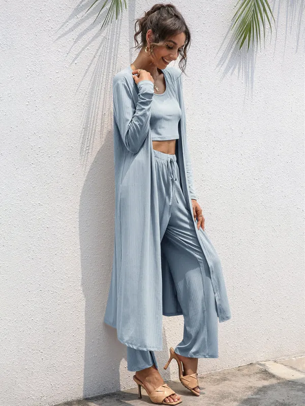 Women's Knitted Casual Fashion Vest   Jacket   Wide-leg Pants Three-piece Set