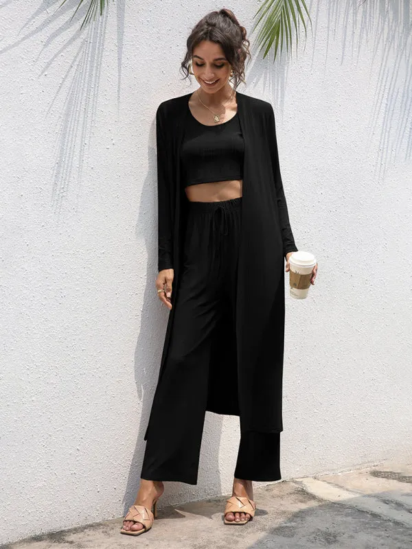 Women's Knitted Casual Fashion Vest   Jacket   Wide-leg Pants Three-piece Set