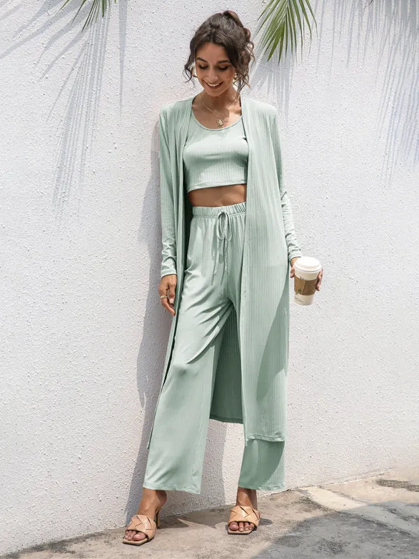 Women's Knitted Casual Fashion Vest   Jacket   Wide-leg Pants Three-piece Set