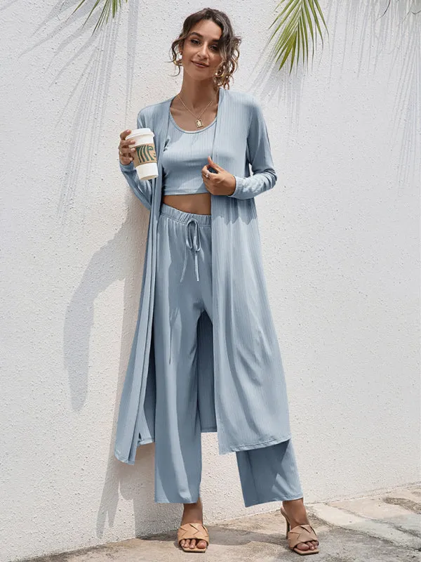 Women's Knitted Casual Fashion Vest   Jacket   Wide-leg Pants Three-piece Set