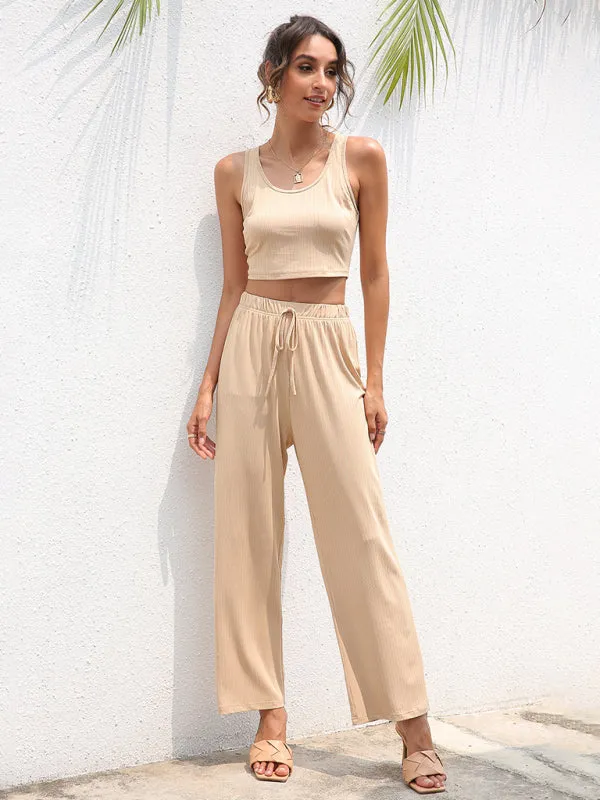 Women's Knitted Casual Fashion Vest   Jacket   Wide-leg Pants Three-piece Set