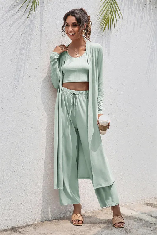 Women's Knitted Casual Fashion Vest   Jacket   Wide-leg Pants Three-piece Set