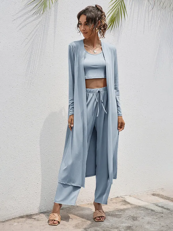 Women's Knitted Casual Fashion Vest   Jacket   Wide-leg Pants Three-piece Set