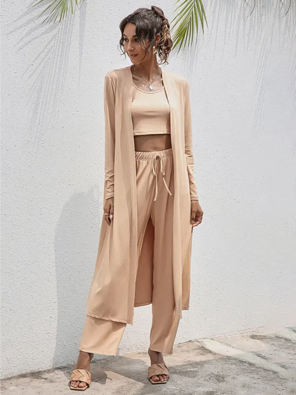 Women's Knitted Casual Fashion Vest   Jacket   Wide-leg Pants Three-piece Set