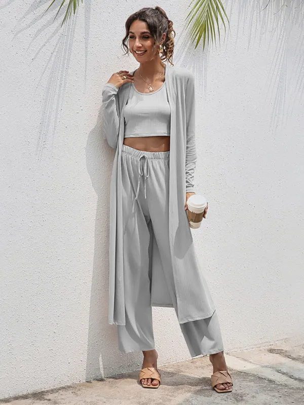 Women's Knitted Casual Fashion Vest   Jacket   Wide-leg Pants Three-piece Set