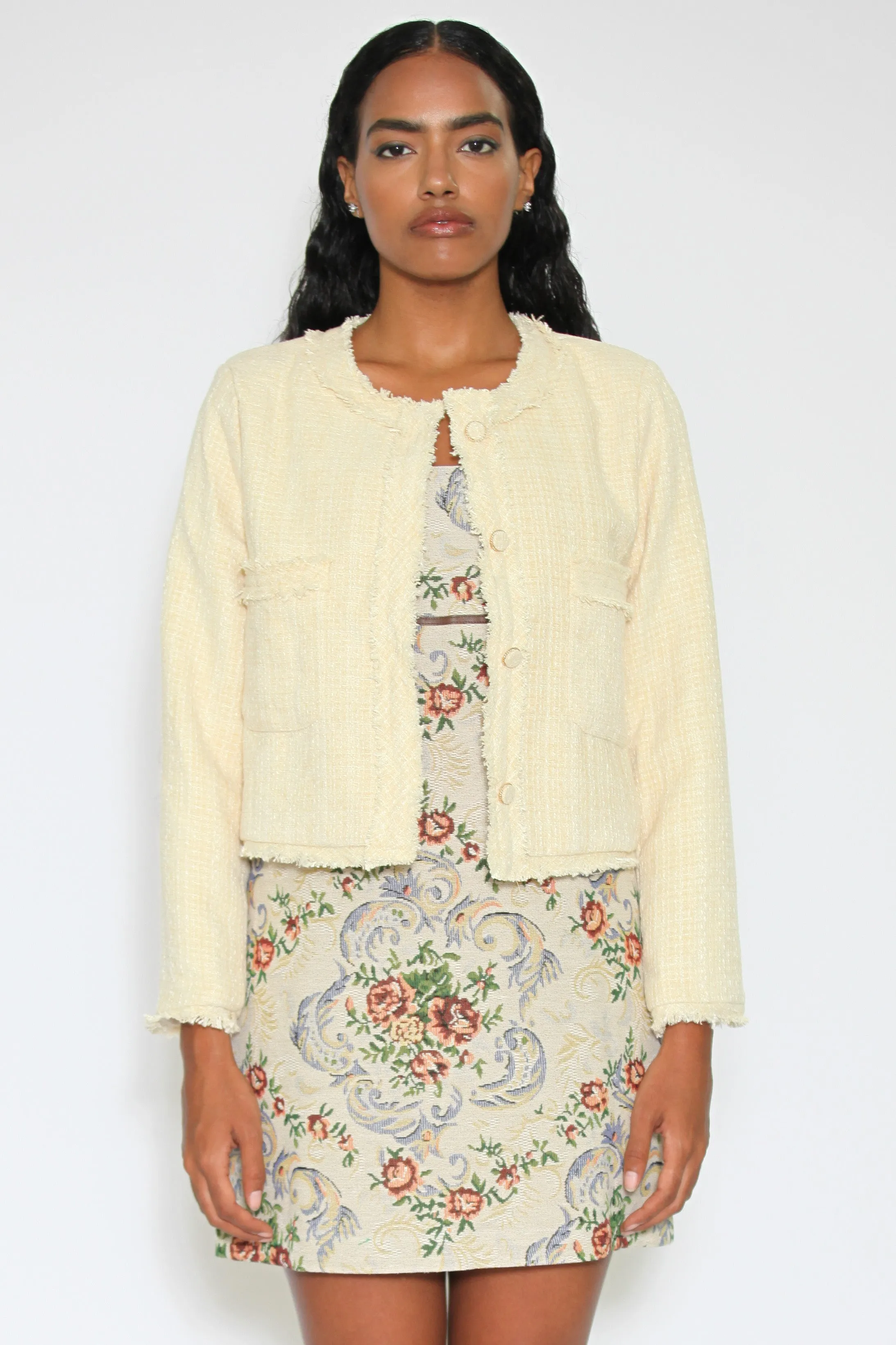 Wool Pale Yellow Cropped Tweed Blazer