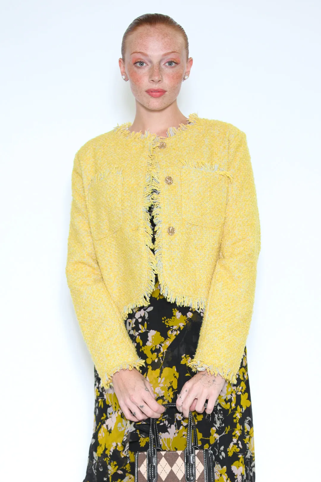 Wool Yellow Tweed Cropped Blazer